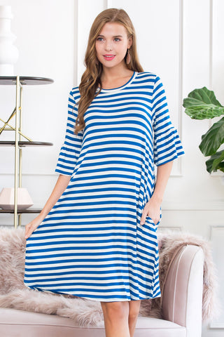 Buy blue Striped Bell Sleeved Swing Pocket Dress