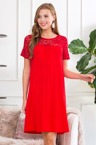 Buy red Short Sleeve Pleated Lace Detail Dress