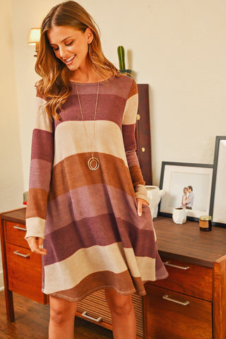 Buy purple-lavender Long Sleeve Fashion Rib Stripe Pocket Dress