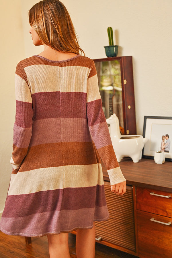 Long Sleeve Fashion Rib Stripe Pocket Dress