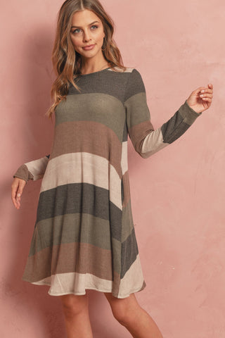 Buy charcoal-mocha Long Sleeve Fashion Rib Stripe Pocket Dress