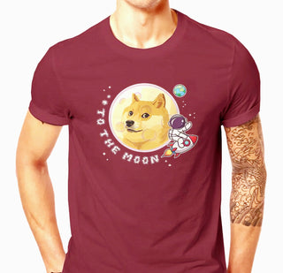 Dogecoin Rocket T-Shirt For Men in Colour Burgundy