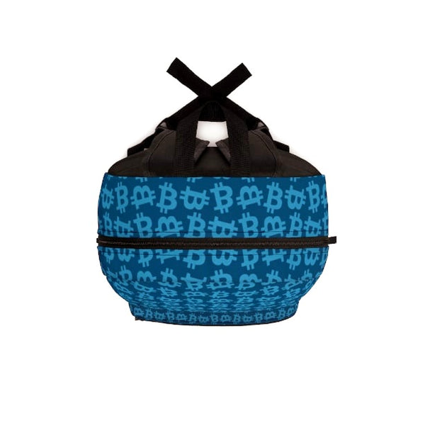 Top backpack blue bitcoin design closure zipper in black