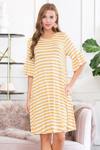 Buy mustard Striped Bell Sleeved Swing Pocket Dress