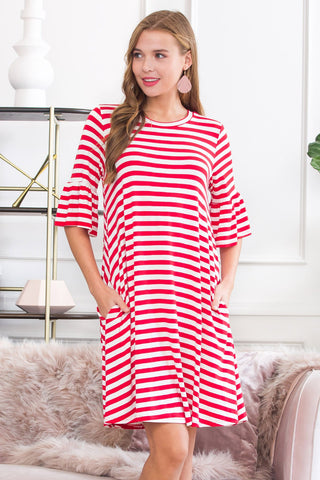 Buy red Striped Bell Sleeved Swing Pocket Dress