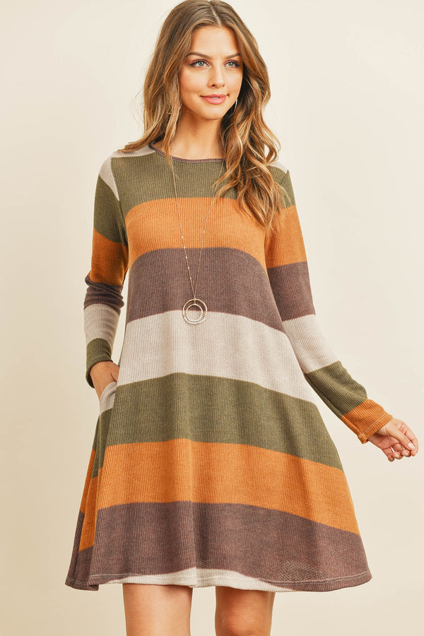 Long Sleeve Fashion Rib Stripe Pocket Dress
