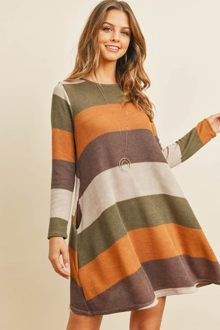 Buy mustard-olive Long Sleeve Fashion Rib Stripe Pocket Dress