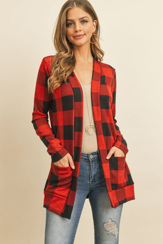 Buy red-black Plaid Long Sleeved Front Pocket Open Cardigan