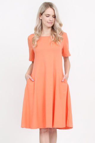 Buy deep-coral Short Sleeve A-Line Pocket Dress