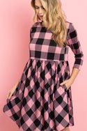 Cinch Waist Quarter Sleeves Plaid Dress