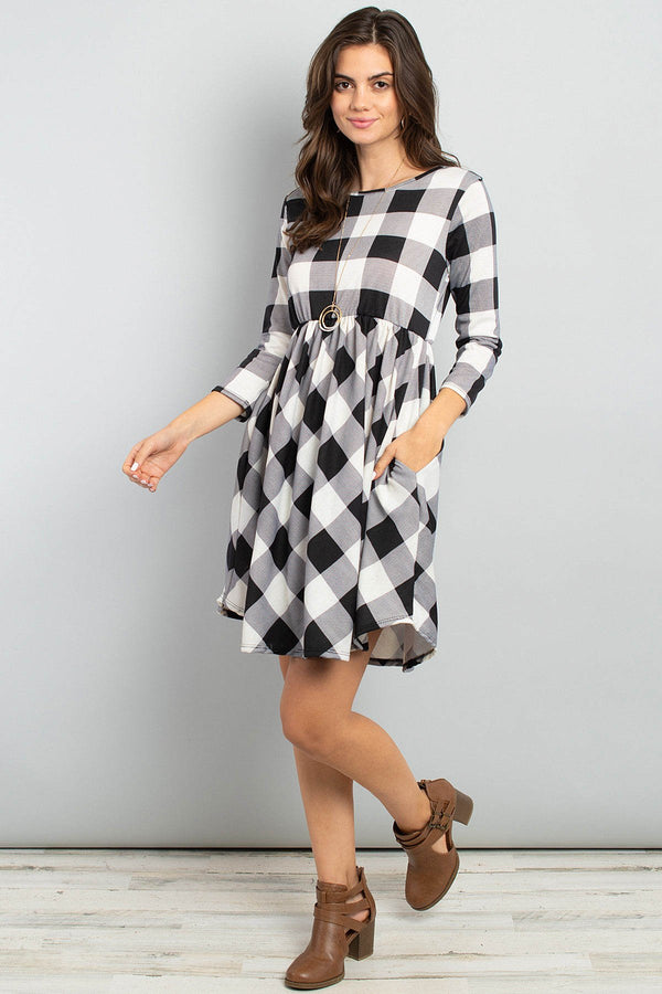 Cinch Waist Quarter Sleeves Plaid Dress