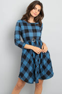 Cinch Waist Quarter Sleeves Plaid Dress