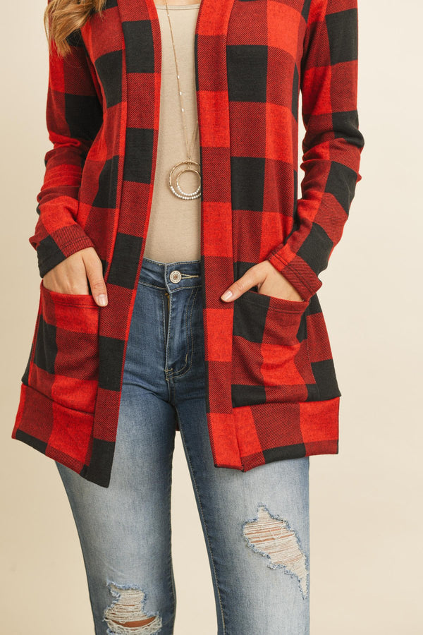 Plaid Long Sleeved Front Pocket Open Cardigan