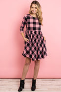 Cinch Waist Quarter Sleeves Plaid Dress