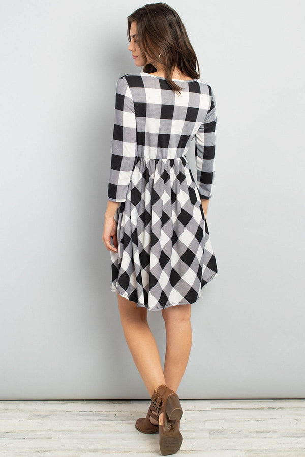 Cinch Waist Quarter Sleeves Plaid Dress