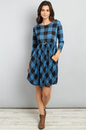 Cinch Waist Quarter Sleeves Plaid Dress