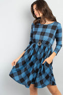 Cinch Waist Quarter Sleeves Plaid Dress