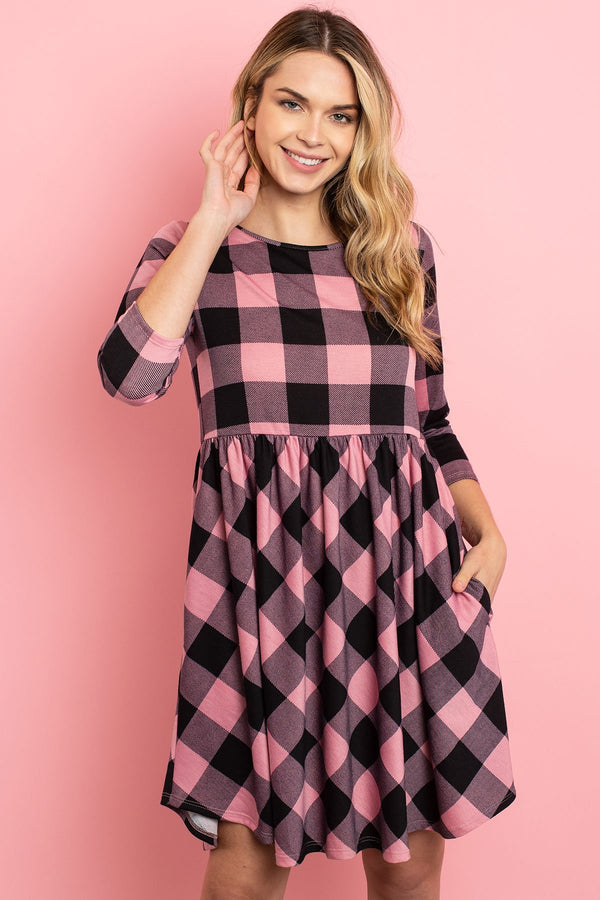 Cinch Waist Quarter Sleeves Plaid Dress